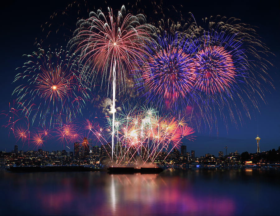 Seattle skyline and fireworks Photograph by William Lee