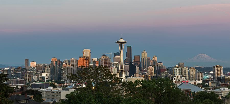 Seattle Skyline and Mount Rainer at Twilight Photograph by Willie Harper