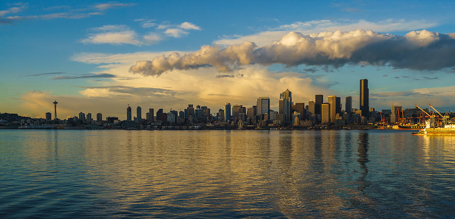 Seattle Skyline Dusk Dramatic Clouds Reflection Photograph