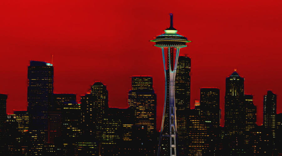 Seattle Skyline in Red Digital Art by Cathy Anderson