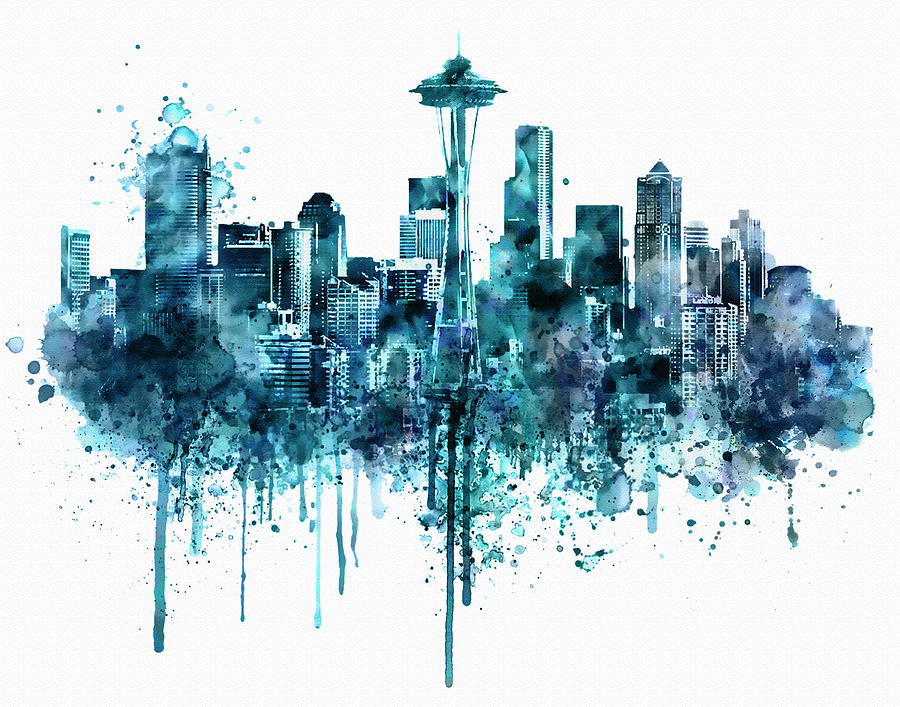 Seattle Painting - Seattle Skyline Monochrome watercolor by Marian Voicu