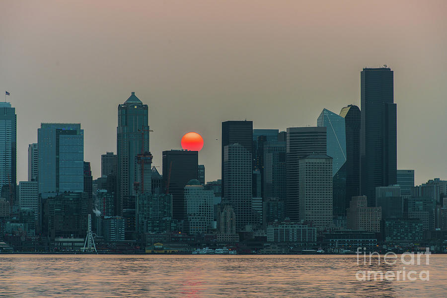 Seattle Skyline Red Sunrise Photograph