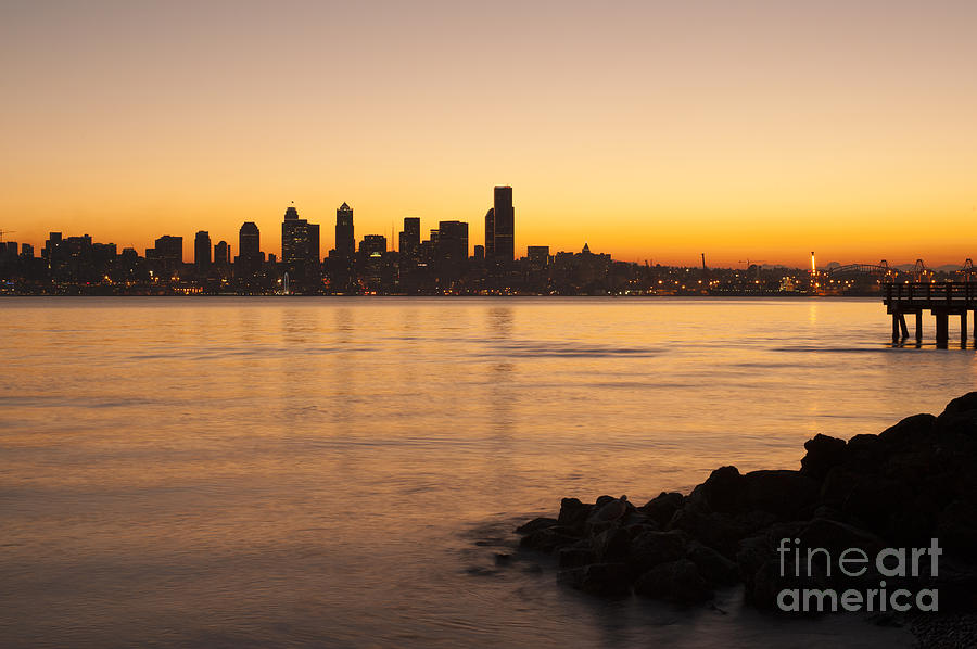 Seattle Skyline Sunrise With Fishing Pier Photograph by Jim Corwin