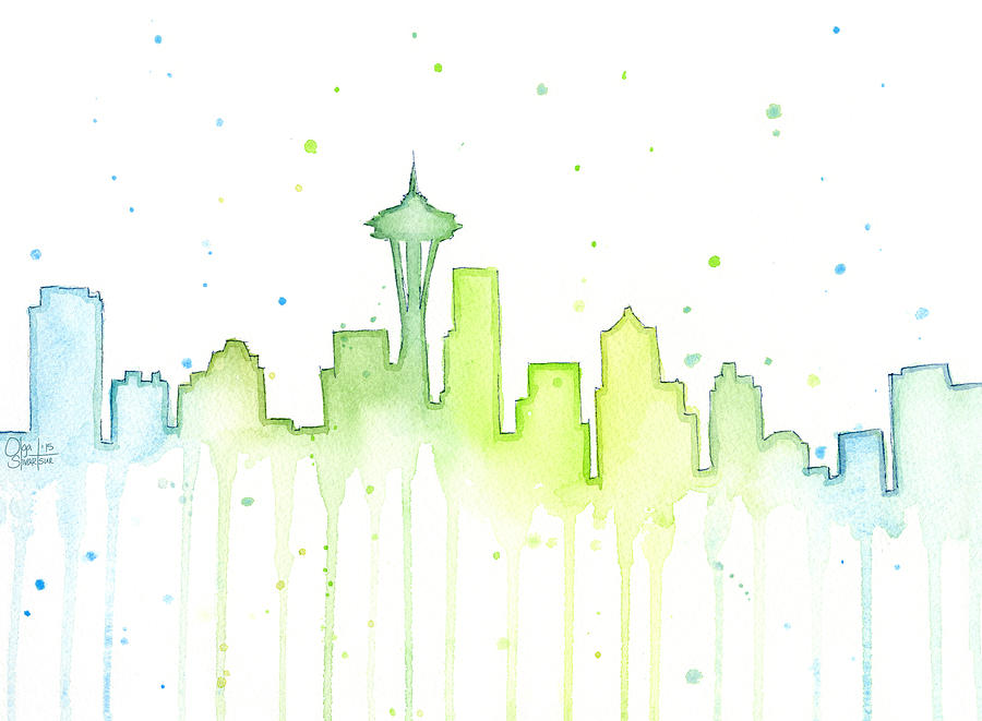 Seattle Painting - Seattle Skyline Watercolor  by Olga Shvartsur