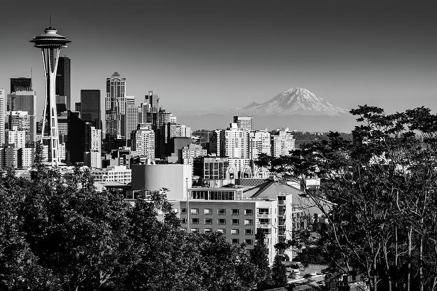 Seattle Skyline with Mount Rainier in the background in Black and White Photograph by Mati Krimerman