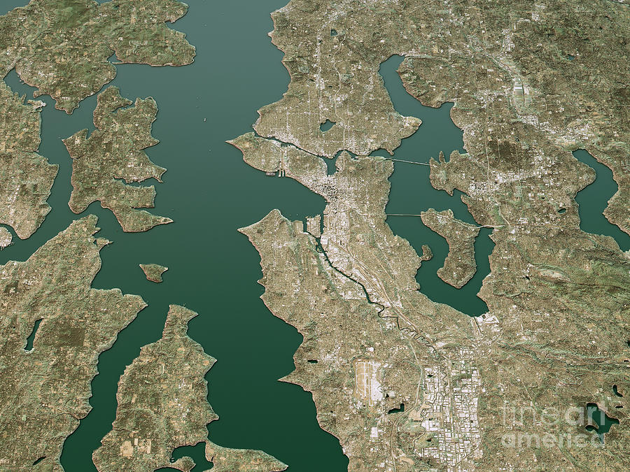 Seattle Digital Art - Seattle Topographic Map 3D Landscape View Natural Color by Frank Ramspott