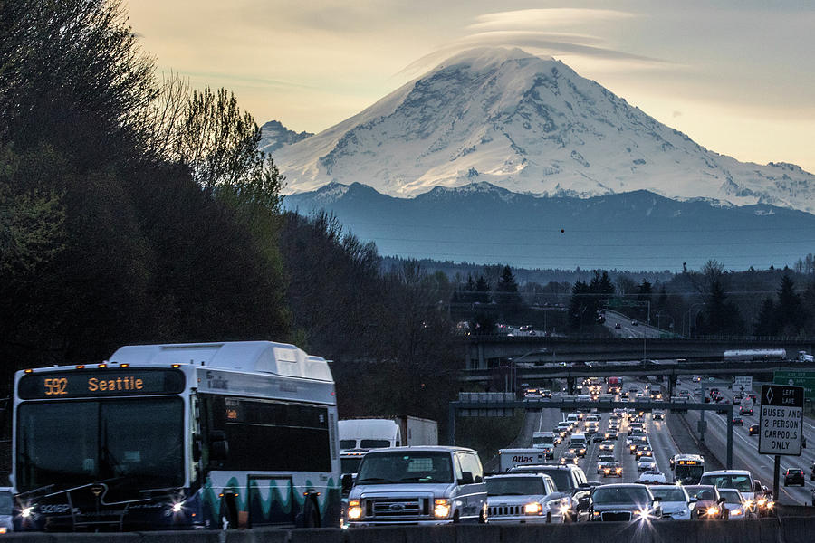 Seattle Photograph - Seattle Traffic and Mount Rainier by Matt McDonald