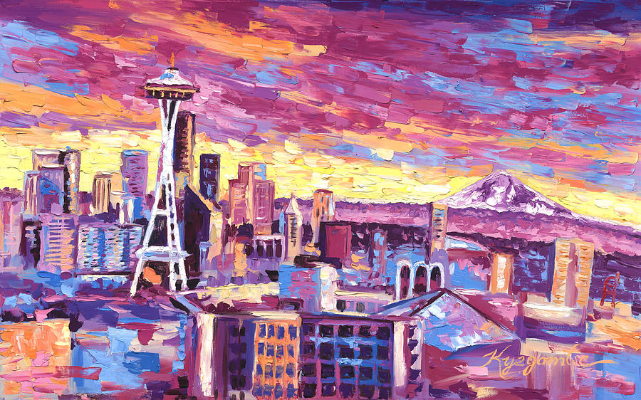 Seattle Skyline Painting - Seattle Washington Skyline 01 by Paul Kyegombe