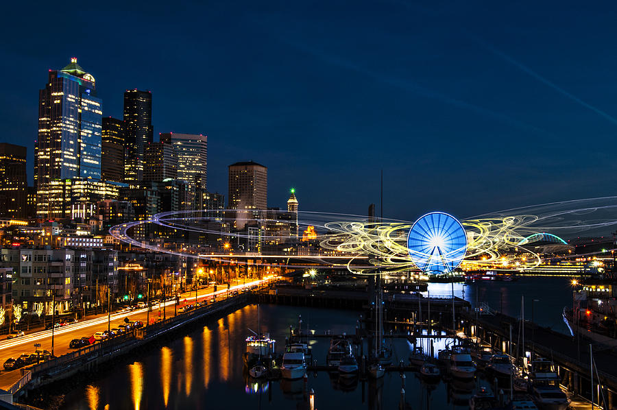 Seattle Waterfront Cosmic Rays Digital Art by Pelo Blanco Photo