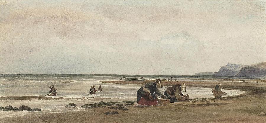 Seaweed gatherers on the shore at Redcar Painting by MotionAge Designs