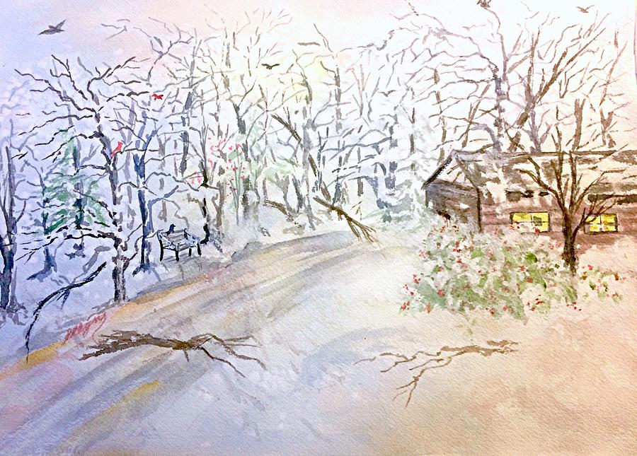 Secluded Cabin in Winter Painting by Ellen Levinson