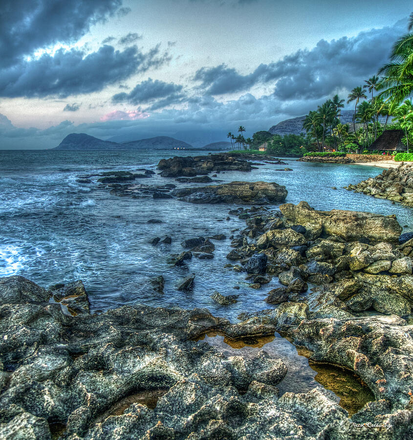 Oahu HI Rocks Along The Coast Secret Beach Sunset Aulani Disney Resort and Spa Art Photograph by Reid Callaway