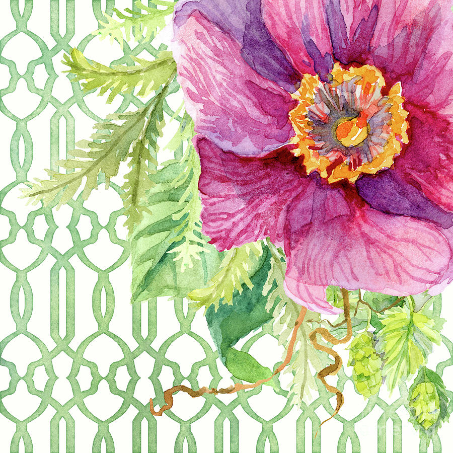 Secret Garden 1 - Single Peony Fern Hops and Trellis Painting by Audrey Jeanne Roberts