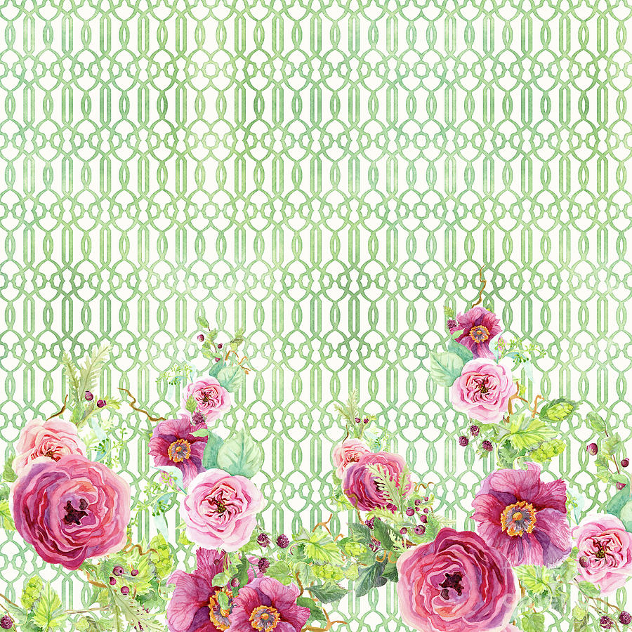 Secret Garden 2 - Peony n Rose Fern Hops, Berries and Trellis Painting by Audrey Jeanne Roberts