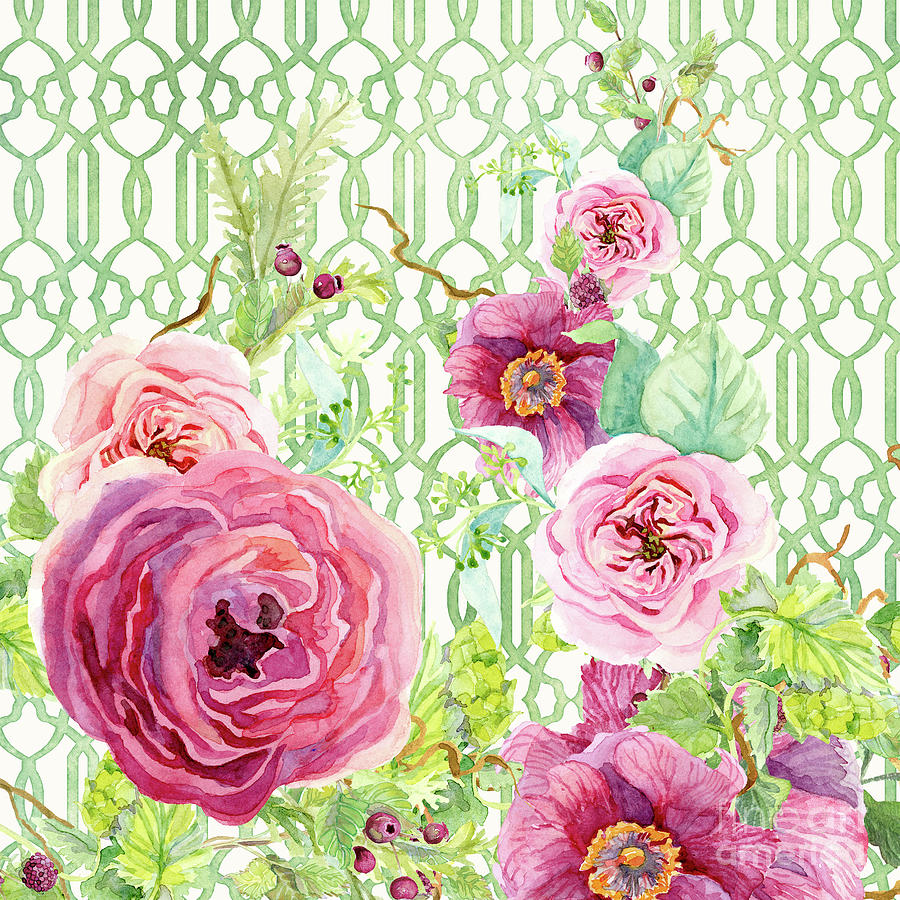 Secret Garden 2 - Single Peony Fern Hops and Trellis Painting by Audrey Jeanne Roberts