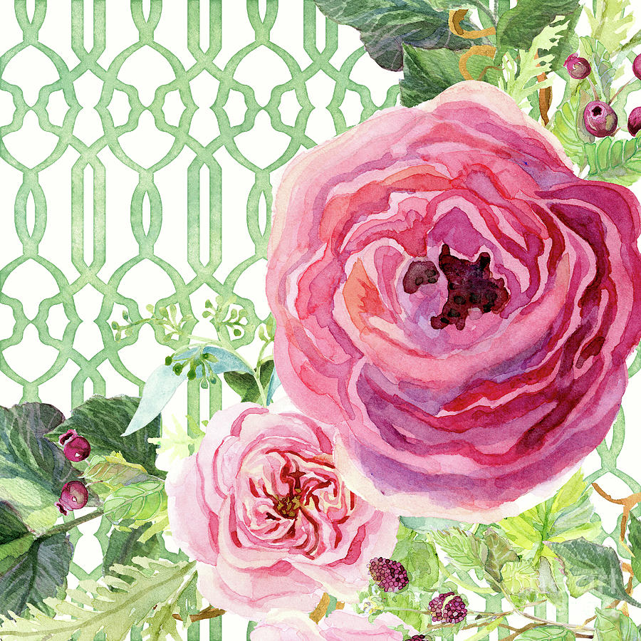 Secret Garden 3 - Pink English roses with Woodsy Fern, Wild Berries, Hops and Trellis Painting by Audrey Jeanne Roberts