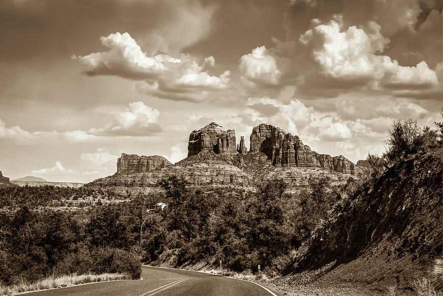 Landscape Photograph - Sedona Arizona Sepia Landscape - Cathedral Rock  by Gregory Ballos