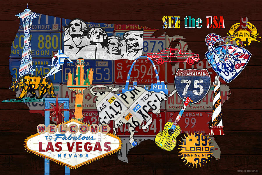 LICENSE PLATE MAP OF THE US UNITED STATES USA TRAVEL oil paintings