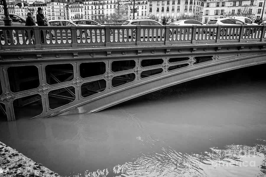 Seine River Flooding at Iron Bridge, Paris, Blk Wht Photograph by Liesl Walsh