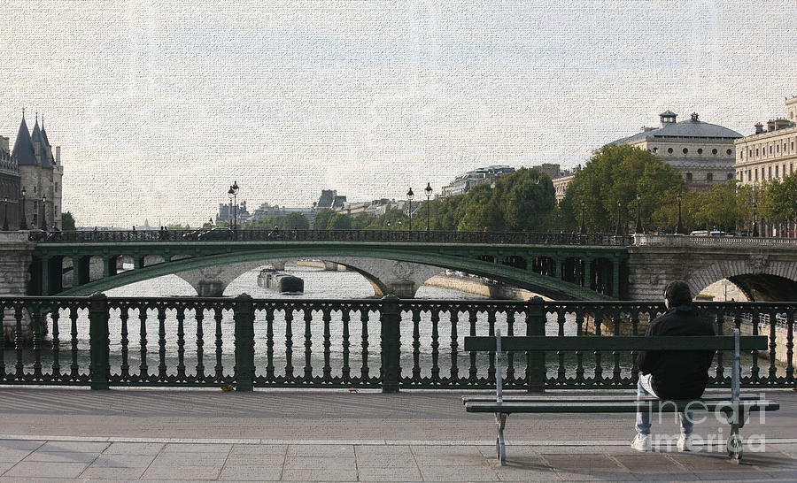 Seine River Paris Bridge Man Bench Texture Effect  Digital Art by Chuck Kuhn