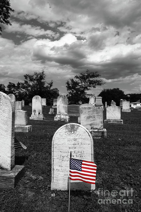 Black And White Photograph - Selected Color Flag for Memorial Day in Uniontown Cemetery Maryland by James Brunker