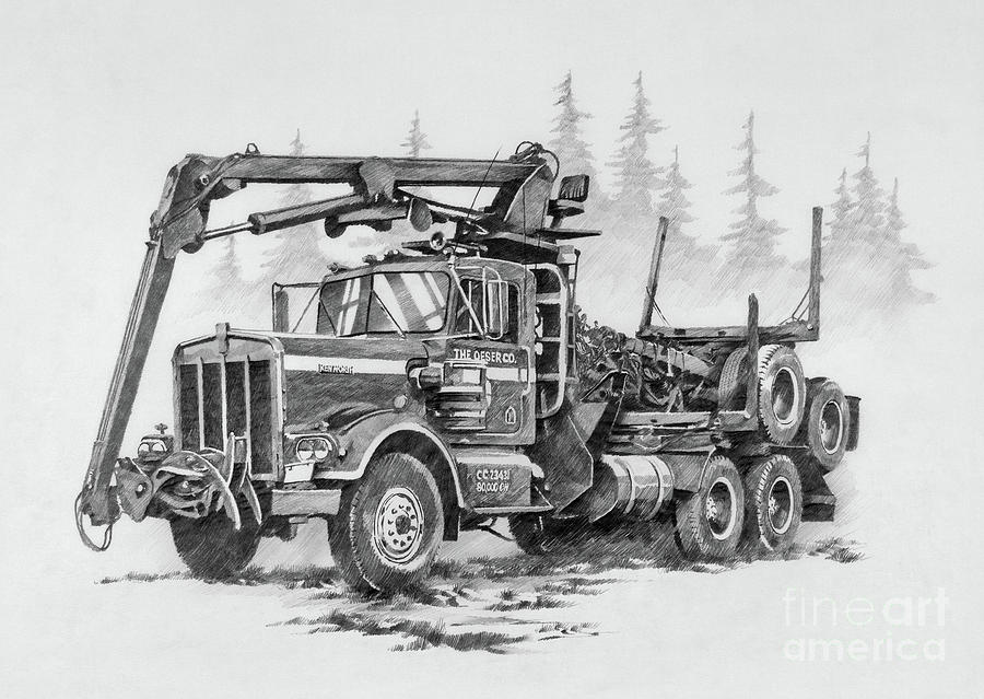 Self-Loading Log Truck Drawing by James Williamson