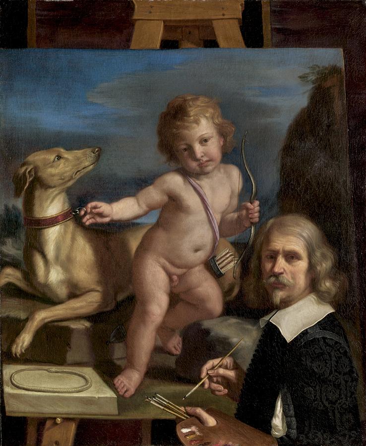 Dog Painting - Self-portrait Before A Painting of Amor Fedele by Giovanni Francesco Barbieri - Called Guercino