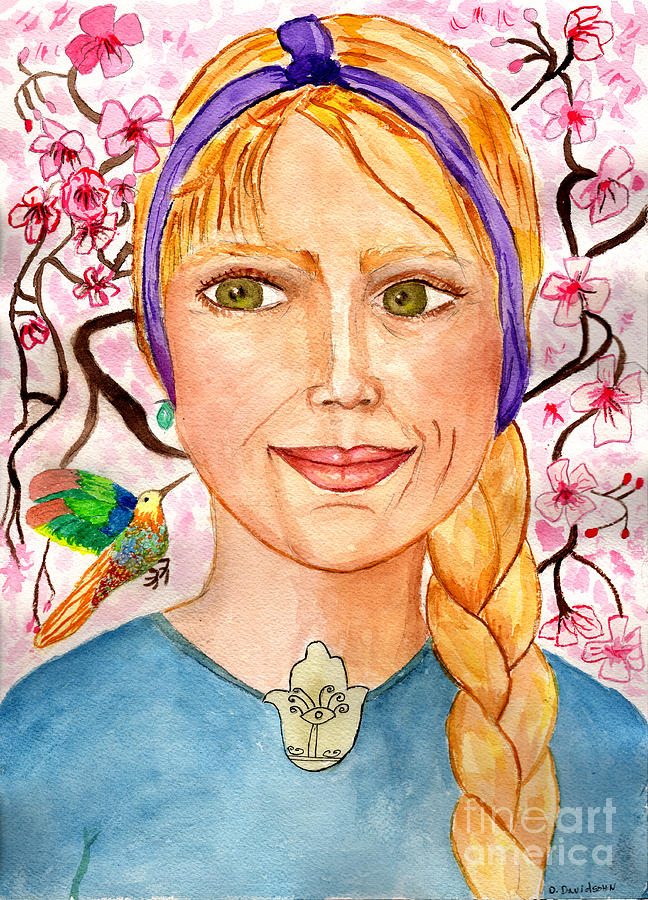 Self Portrait, Cherry Blossoms, Humming Bird Painting