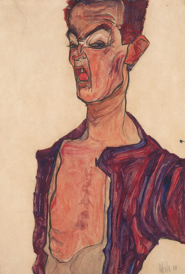 Self-Portrait, Grimacing Drawing by Egon Schiele