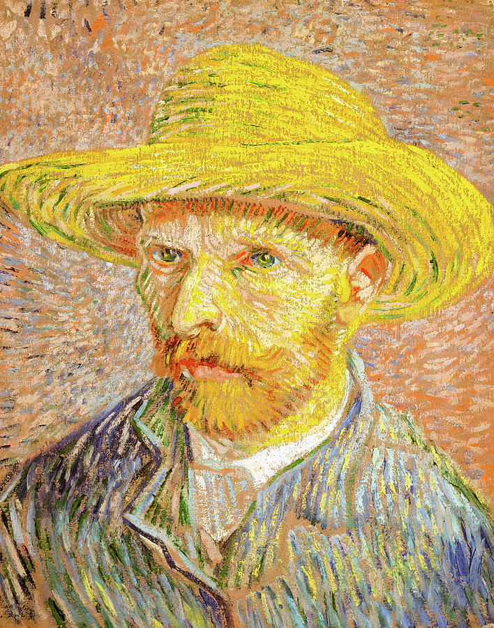 Self Portrait of Vincent Van Gogh on a Orange Background with a Yellow Hat Painting by Vincent Van Gogh