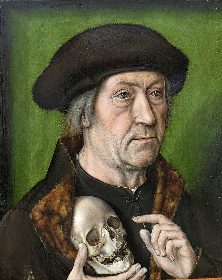 Self-portrait. Portrait of a Man Holding a Skull Painting by Attributed to Aelbrecht Bouts