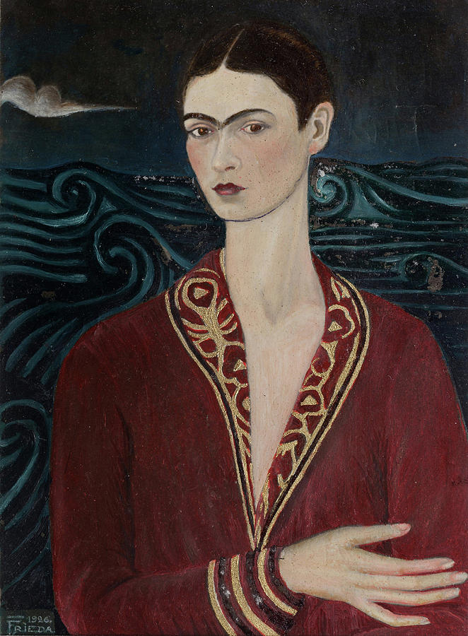 Vintage Painting - Self-portrait wearing a velvet dress by Frida Kahlo