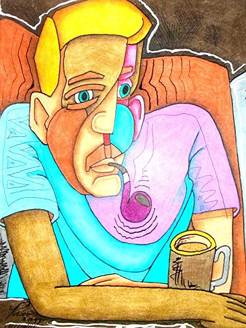Self Portrait with a pipe Mixed Media by Houston Prior