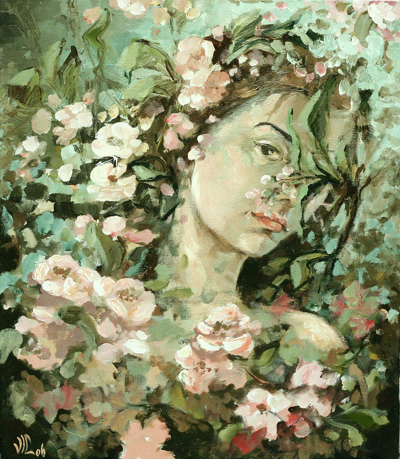 Self Portrait With Aplle Flowers Painting by Vali Irina Ciobanu