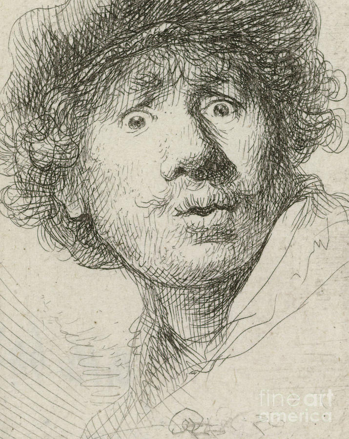 Self-portrait with beret and wide-eyed, 1630 Drawing by Rembrandt