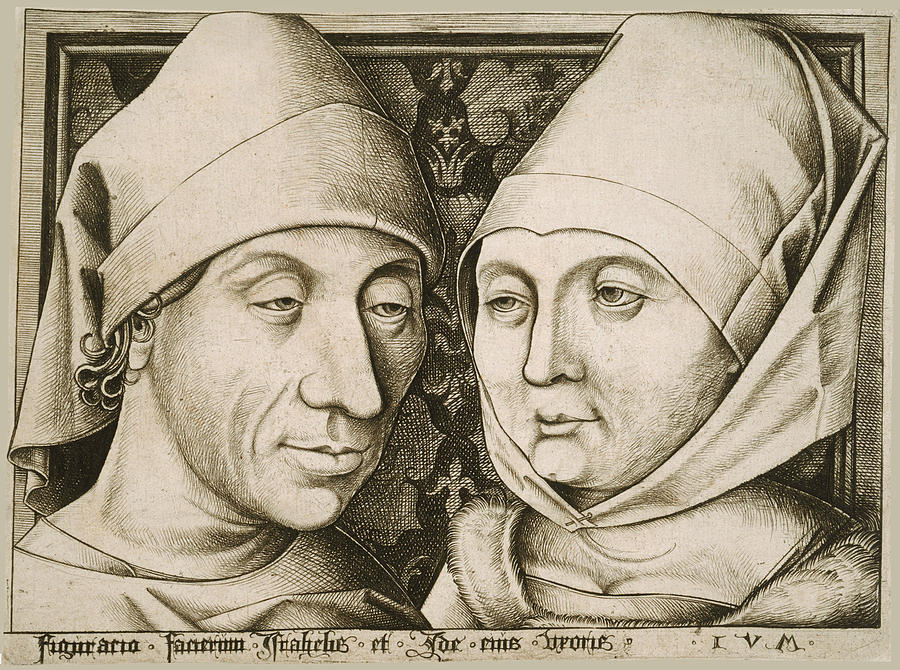 Self-Portrait with His Wife Ida Drawing by Israhel van Meckenem