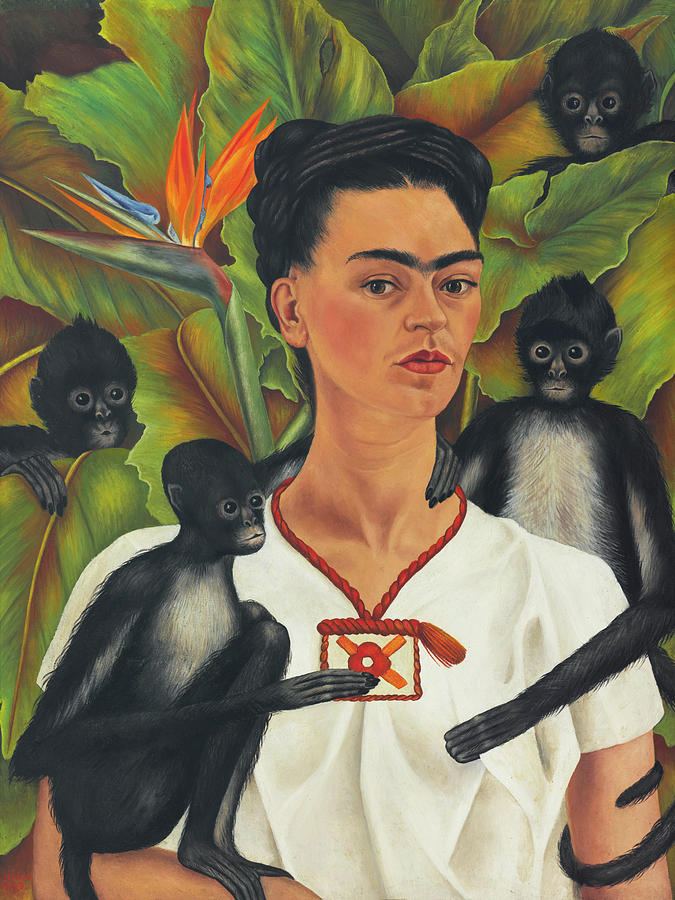 Vintage Painting - Self-portrait with monkeys, 1943 by Frida Kahlo