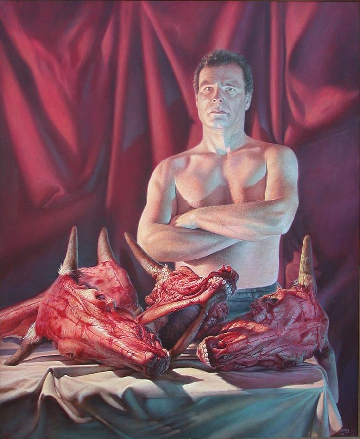 Self portrait with slaughtered cow heads Painting by Hans Droog