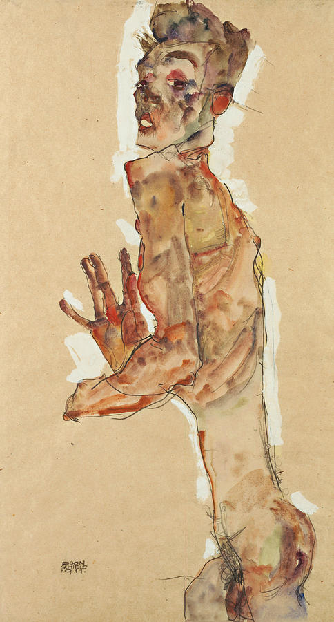 Self-Portrait with Splayed Fingers Drawing by Egon Schiele