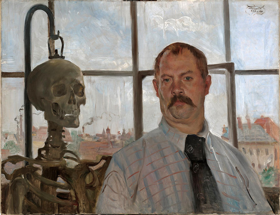 Selfportrait with skeleton Painting by Lovis Corinth