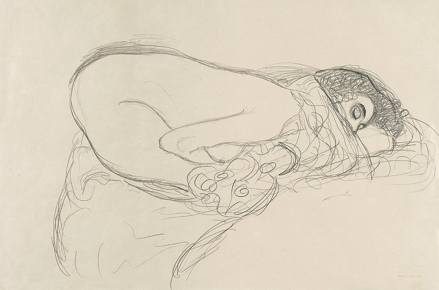Semi-Nude leaning forward. Preparatory Work for the Painting Leda Drawing by Gustav Klimt