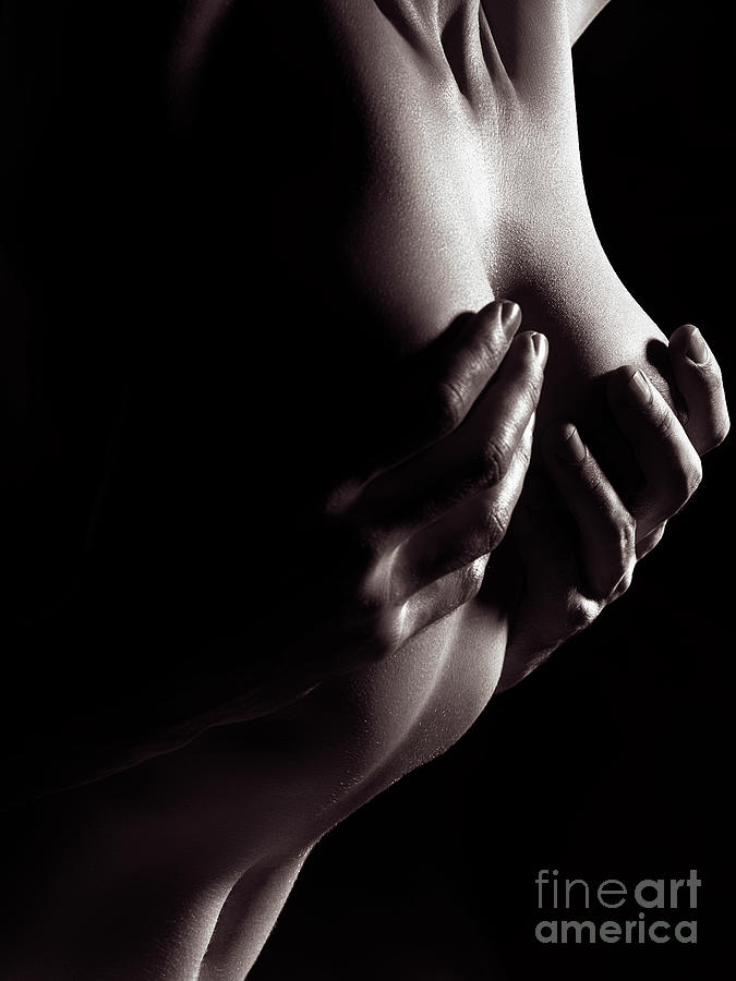 Black And White Photograph - Sensual erotic closeup of man hands on nude woman breast by Maxim Images Exquisite Prints