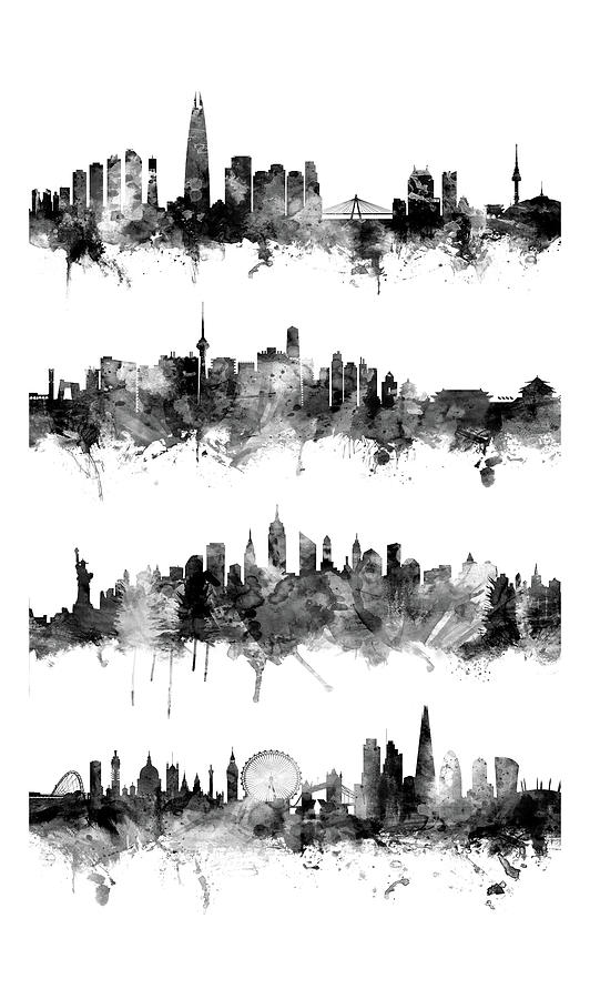 Seoul, Beijing, New York and London Custom Skyline Collection Digital Art by Michael Tompsett