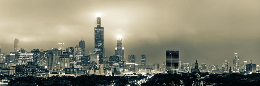 Chicago Photograph - Sepia Chicago Skyline City Panorama by Gregory Ballos