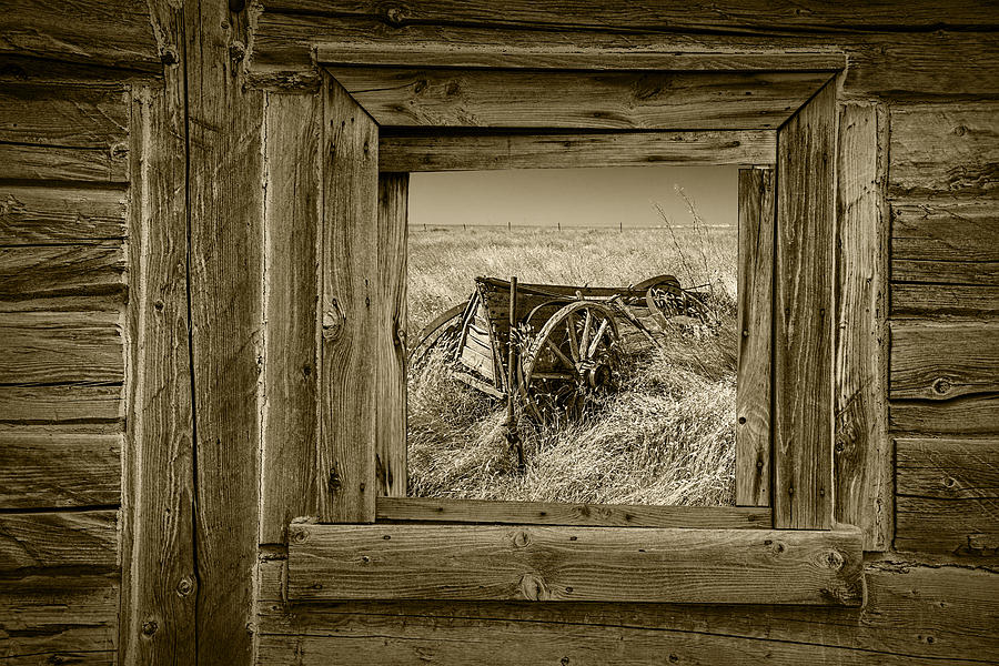 Landscape Photograph - Sepia Colored Farm Wagon with Barn Window by Randall Nyhof