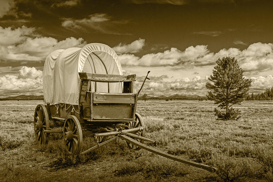 Landscape Photograph - Sepia Colored Frontier Prairie Schooner Covered Wagon by Randall Nyhof
