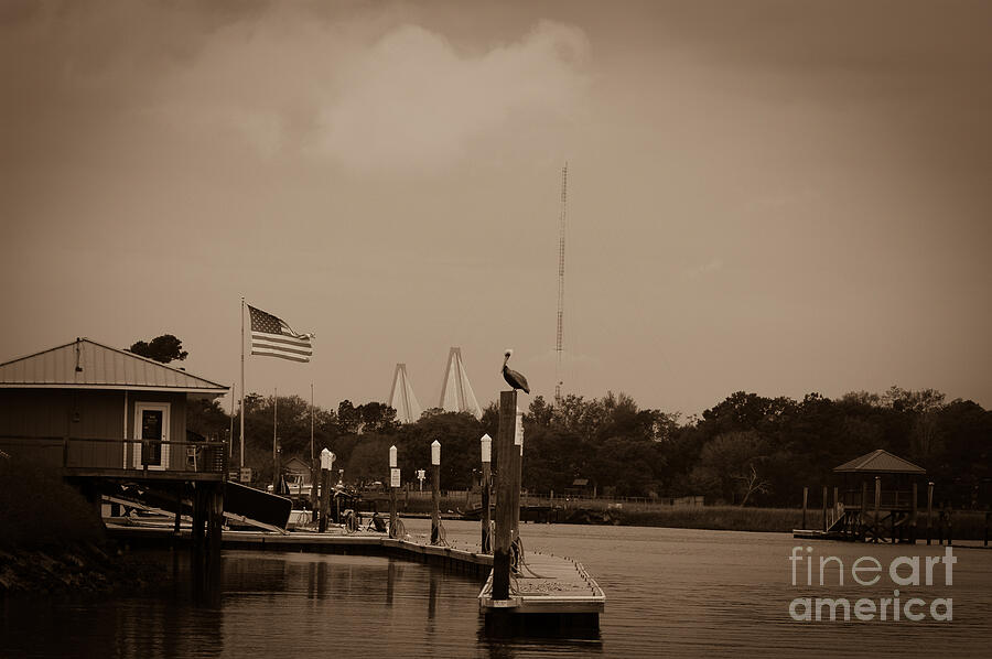 Black And White Photograph - Sepia Dockside on Shem Creek by Dale Powell