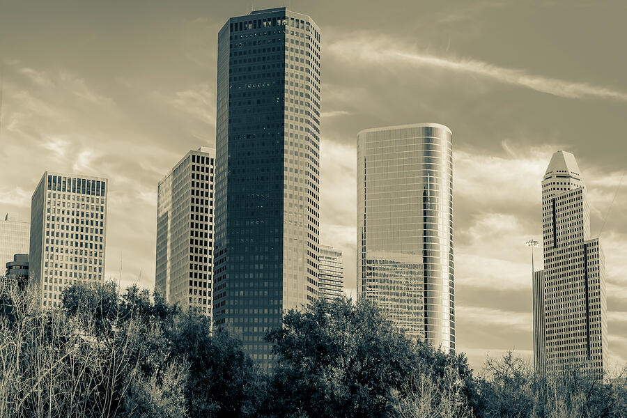 Houston Skyline Photograph - Sepia Downtown Houston Texas Skyline by Gregory Ballos