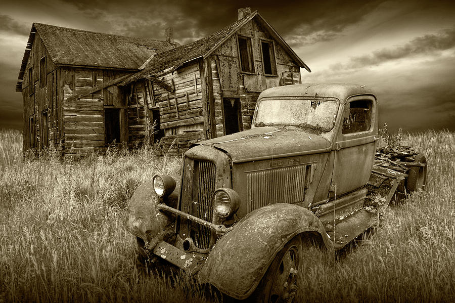 Sepia Tone of Abandoned Dodge Truck and Farm House Photograph by Randall Nyhof