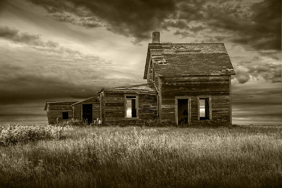 Nature Photograph - Sepia Tone of Abandoned Prairie Farm House by Randall Nyhof